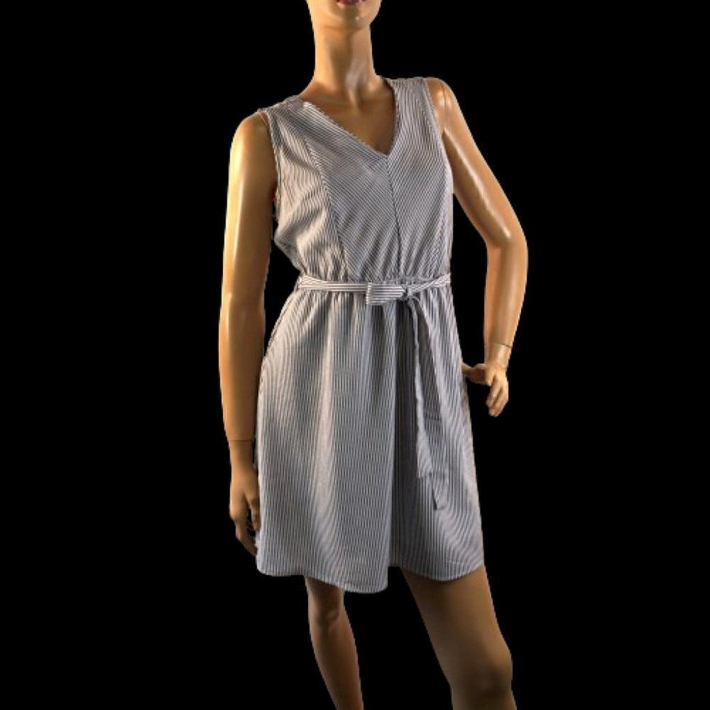 Monteau Los Angeles Short Dress Size Medium Blue White Stripe Bowtie Belt Dress